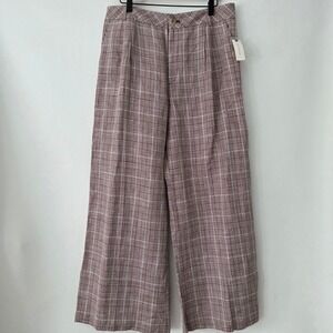 NEW Maeve Anthropologie Avery Plaid Wide Leg Trousers Cotton Linen Size 14